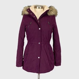 Nautica Womens Purple Hooded Anorak Parka Jacket Coat Faux Fur Trim size Small